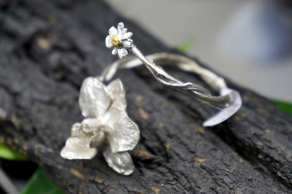 Orchid and Chamomile Bracelet, Handmade Nature Jewelry, Organic Statement Cuff, Gift for Vitality & Purity, Sustainable Sterling Silver 925