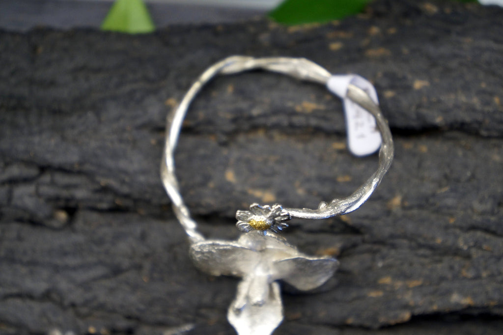 Orchid and Chamomile Bracelet, Handmade Nature Jewelry, Organic Statement Cuff, Gift for Vitality & Purity, Sustainable Sterling Silver 925