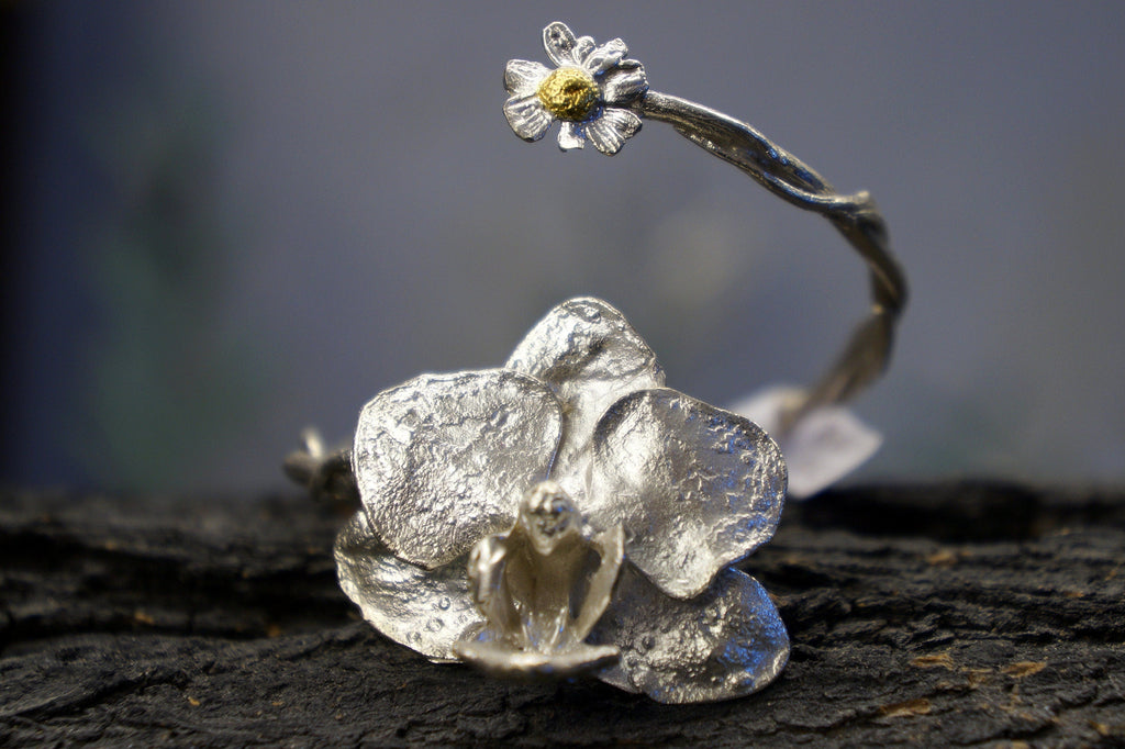 Orchid and Chamomile Bracelet, Handmade Nature Jewelry, Organic Statement Cuff, Gift for Vitality & Purity, Sustainable Sterling Silver 925