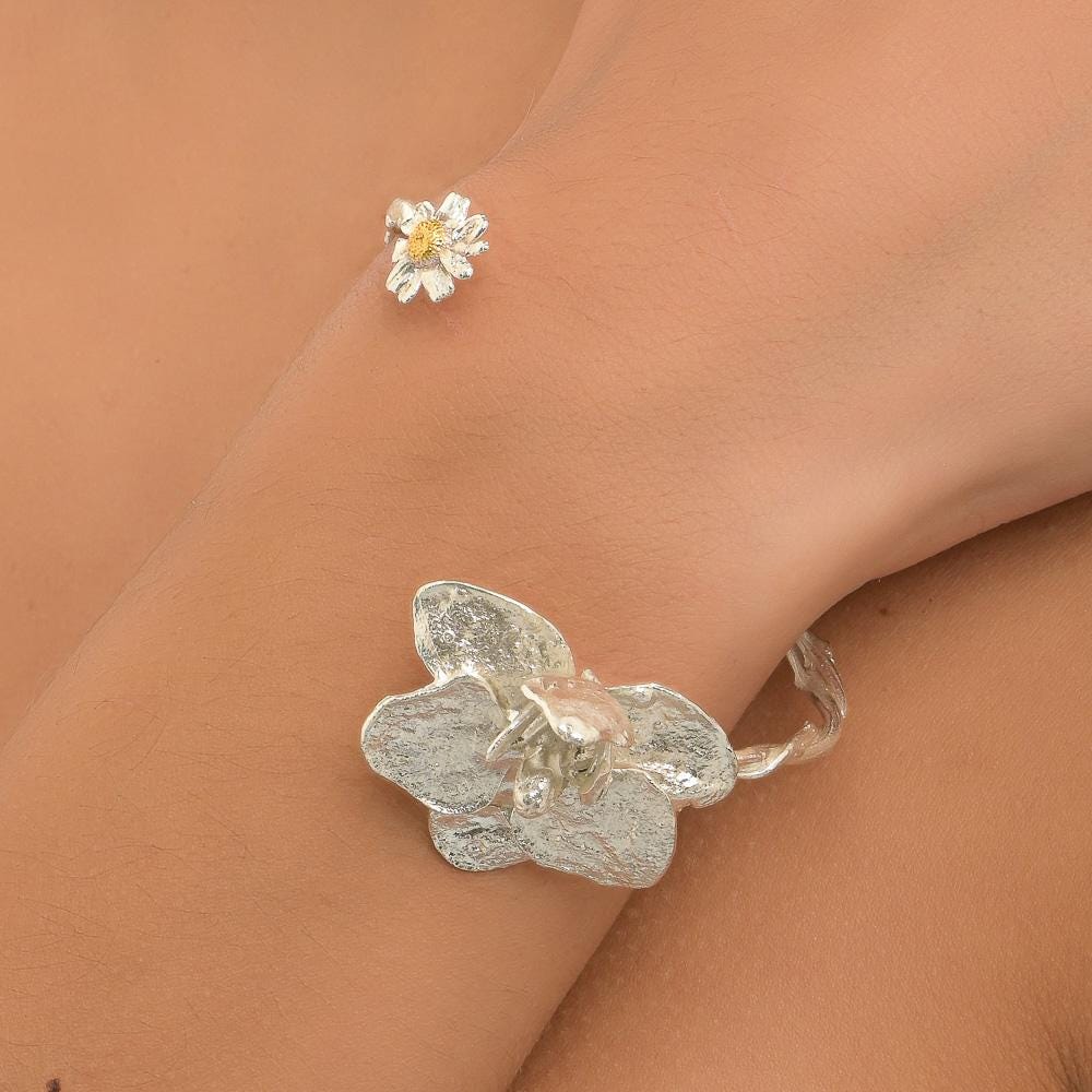 Orchid and Chamomile Bracelet, Handmade Nature Jewelry, Organic Statement Cuff, Gift for Vitality & Purity, Sustainable Sterling Silver 925